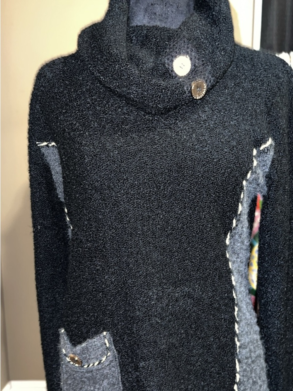 Black Bouclé Cowl-Neck Sweater with Contrast Pocket Accents
